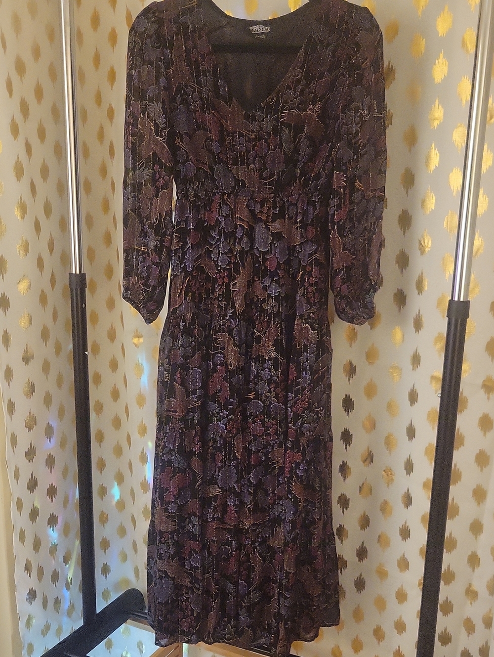 Angie Floral Maxi Dress in Black with Purple and Brown Accents